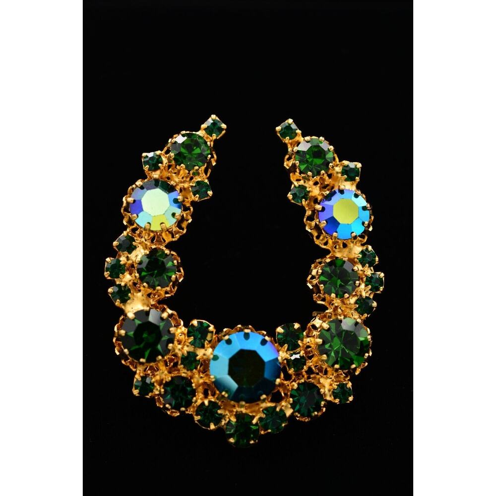 Austria Vintage Crystal Pin Brooch AB Green Prong Rhinestone Gold Signed BinB